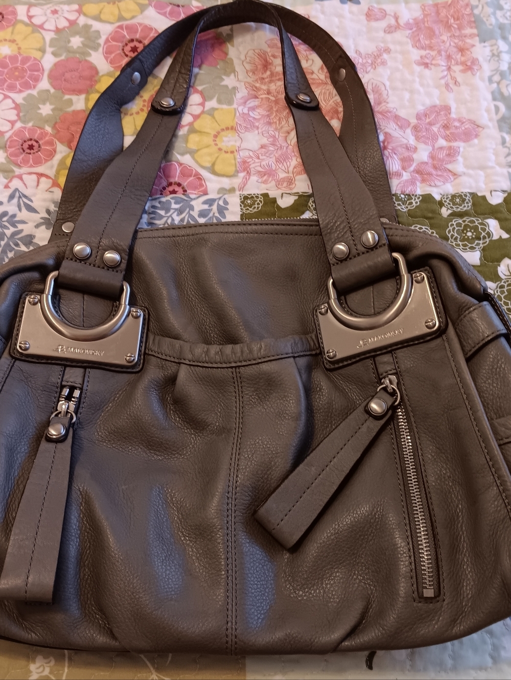 B Makowsky Pebble Soft Leather Satchel Grey Chunky Silver Designer Y2K Vintage